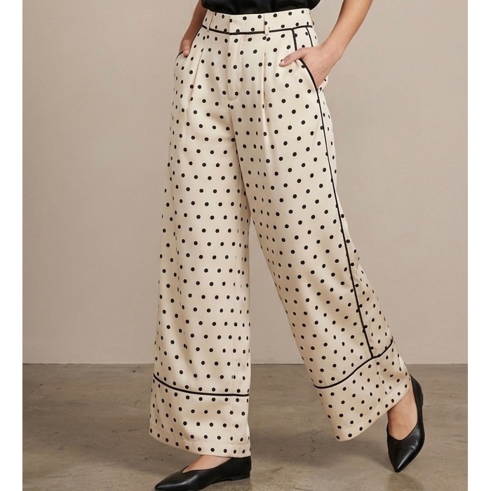 Minkpink Womens Medium Polka Dot Wide Leg Trousers Pants Cream Black Piping Trim